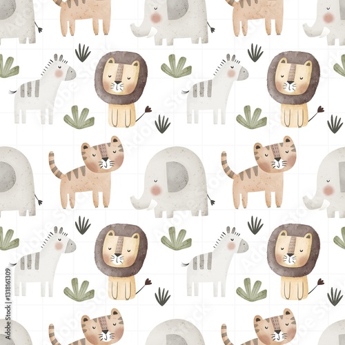 Photography Seamless pattern with cartoon animals, decor elements