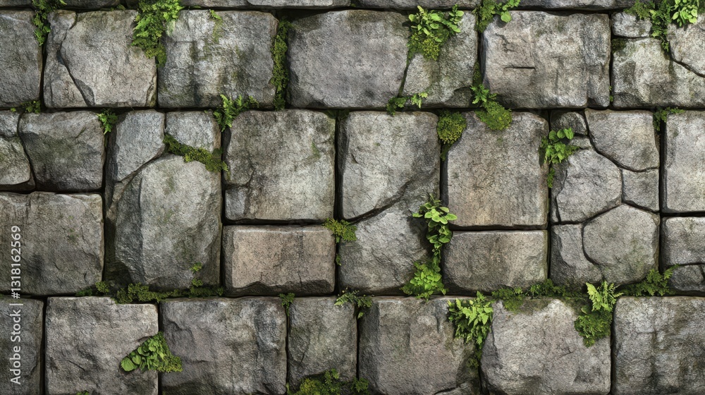Fototapeta premium Detailed stone wall covered with foliage, adding a touch of natural elegance