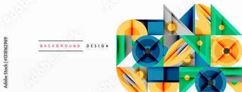 Geometric abstract composition with intersecting shapes, circles, triangles, and gradients, blending vibrant colors and dynamic contrasts to create a modern, futuristic visual design