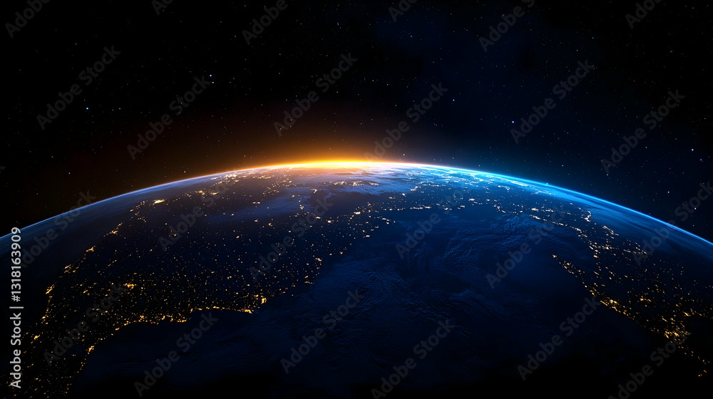 Obraz premium Sunrise Over Planet Earth From Space With Glowing Atmosphere And City Lights