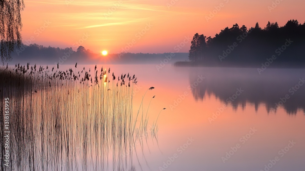 A tranquil sunrise over a peaceful lake, with soft orange and pink hues reflecting on the water, creating a calm and reflective scene. A tranquil sunrise over a peaceful lake, with soft orange and pink hues reflecting on the water, creating a calm and reflective scene.