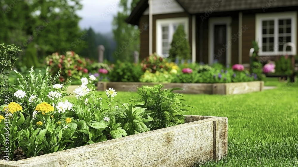 Fototapeta premium Sleek, modern garden design featuring raised beds and flourishing plants, embodying fundamental principles of gardening for newcomers.