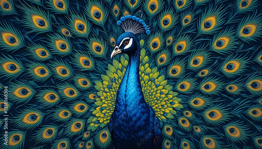 Fototapeta premium Exotic peacock illustration showcasing vibrant feathers, intricate details, artistic hand-drawn style, elegant pose, nature-inspired beauty, majestic, colorful, decorative, ornamental.