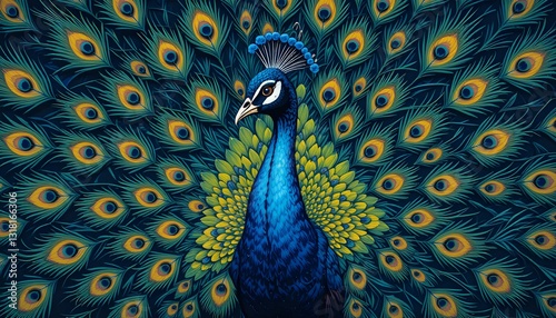 Exotic peacock illustration showcasing vibrant feathers, intricate details, artistic hand-drawn style, elegant pose, nature-inspired beauty, majestic, colorful, decorative, ornamental.