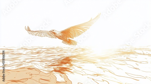 Golden Bird Soaring Over Calm Waters: A Sketch of Freedom and Serenity