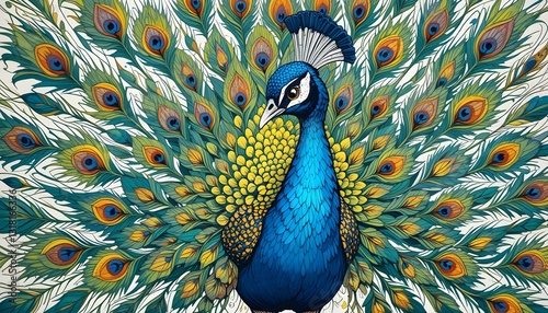 Exotic peacock illustration showcasing vibrant feathers, intricate details, artistic hand-drawn style, elegant pose, nature-inspired beauty, majestic, colorful, decorative, ornamental.