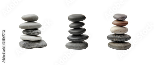 Set of balanced zen stones isolated on a transparent background. Symbol, harmony, stability, mindfulness, spa, wellness, meditation, relaxation, minimalist design projects. for. Generative Ai content
