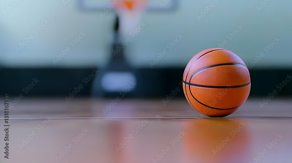 Close Up of an Orange Basketball on a Polished Wooden Court with Blurred Hoop in Background and Dramatic Lighting Close Up of an Orange Basketball on a Polished Wooden Court with Blurred Hoop in Background and Dramatic Lighting