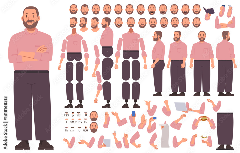Fototapeta premium Constructor of big bearded man character. Businessman or office worker. Heavy guy. Set of hands legs body and head positions for creating animation