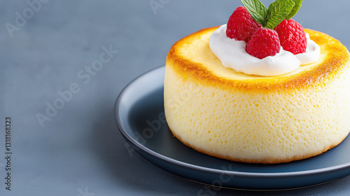 Fluffy cheesecake topped with whipped cream, fresh raspberries, and mint leaves on dark plate, set against soft gray background