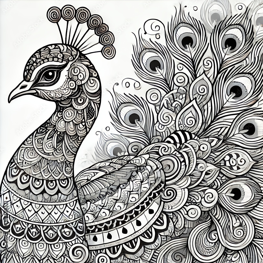 Fototapeta premium A grayscale vector illustration of an intricate peacock coloring page with richly decorated feathers.