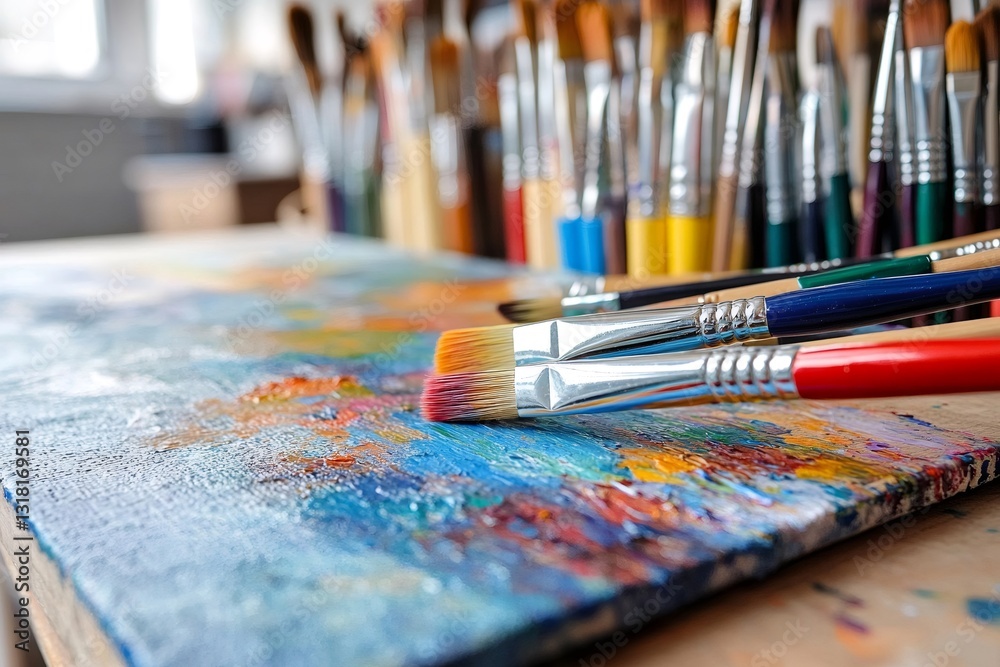 Fototapeta premium Paintbrushes resting on a colorful palette in an art studio