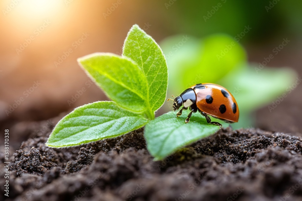 Fototapeta premium Ladybug walking on a small plant growing in fertile soil at sunset