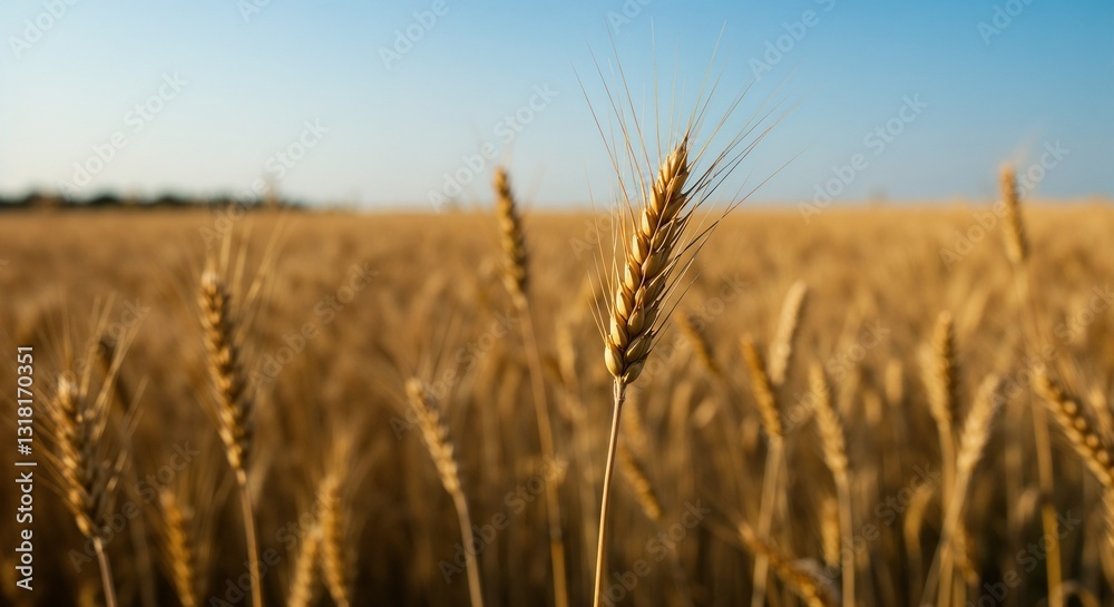 Naklejka premium Field of ripe golden wheat under a clear blue sky with sunlight and copy space