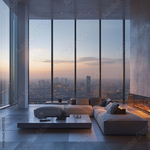 High-rise apartment living room with city view. Modern  cozy  and peaceful