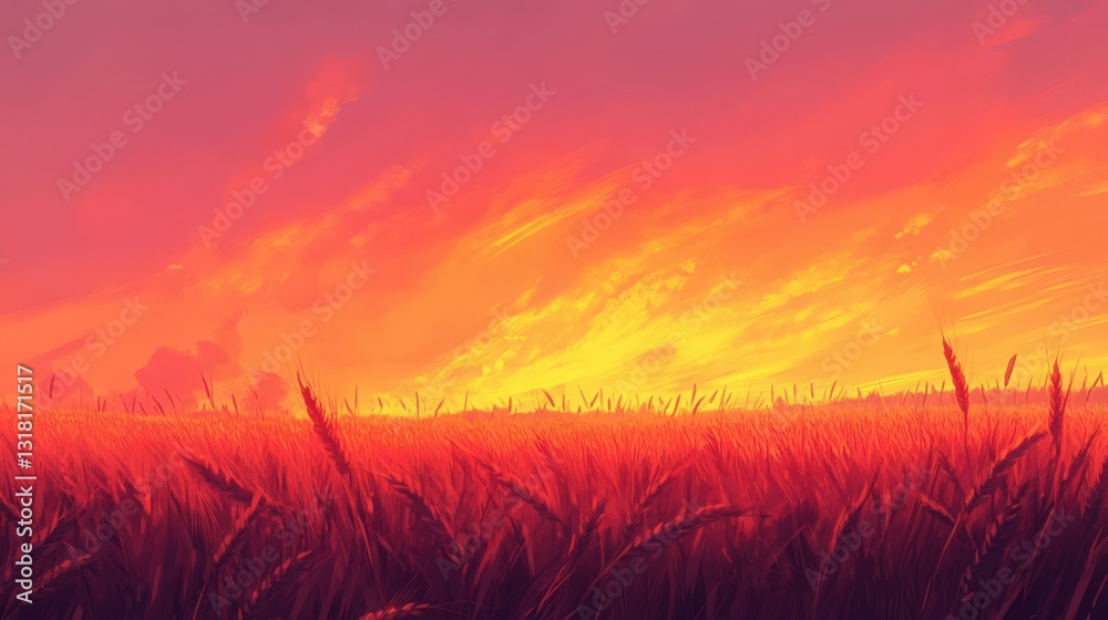 Serene wheat field landscape under a fiery sunset with ethereal clouds Serene wheat field landscape under a fiery sunset with ethereal clouds