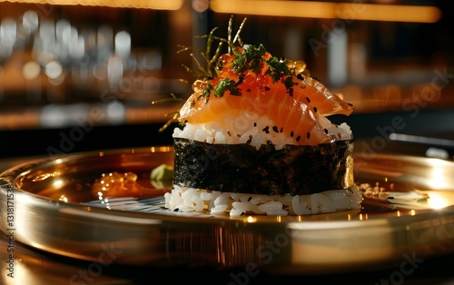 Surreal Iridescent Sushi Dish on Golden Reflective Plate