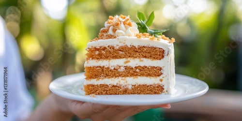 Three-layer cake outdoors, served on plate