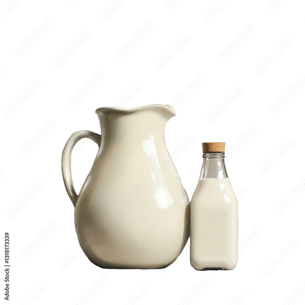 Milk jug and bottle of milk on a simple background, showcasing fresh dairy products in a minimalistic setting, Milk in a jug and a bottle of milk Milk jug and bottle of milk on a simple background, showcasing fresh dairy products in a minimalistic setting, Milk in a jug and a bottle of milk