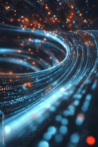 This captivating abstract image features a dynamic flow of blue and orange light particles. It creates a sense of motion and energy in a vibrant digital space.