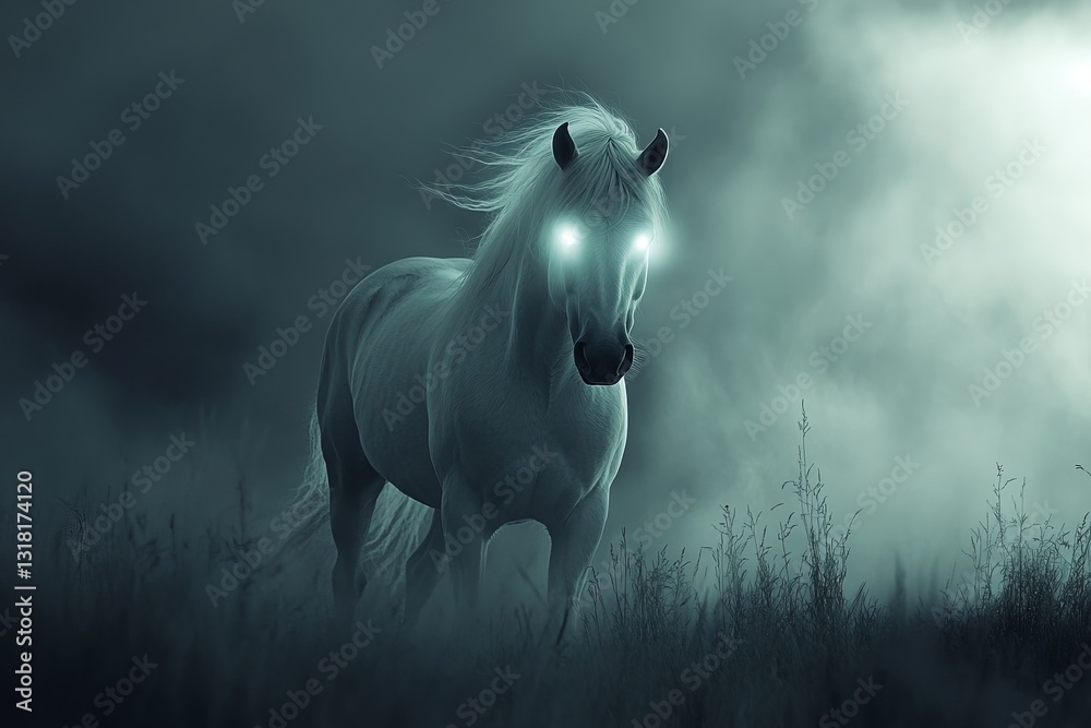 Fototapeta premium A captivating white horse stands in a misty night landscape, its eyes glowing with an otherworldly light. This enchanting scene evokes a sense of mystery and magic.