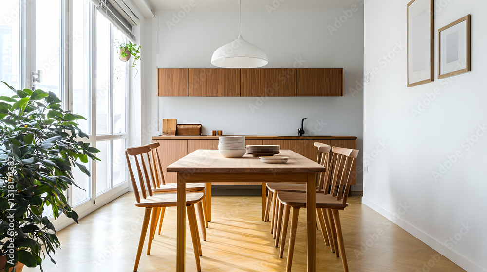 Fototapeta premium Bright and modern dining room interior featuring a wooden dining table with several matching chairs beside a large window illuminating the space with