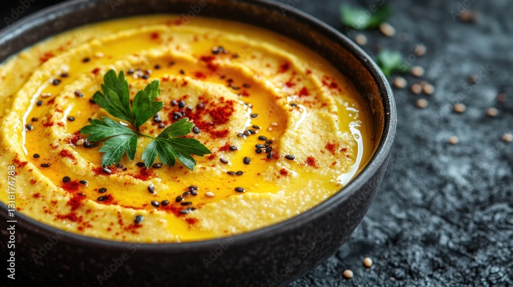 Yellow hummus in dark bowl on textured surface Yellow hummus in dark bowl on textured surface