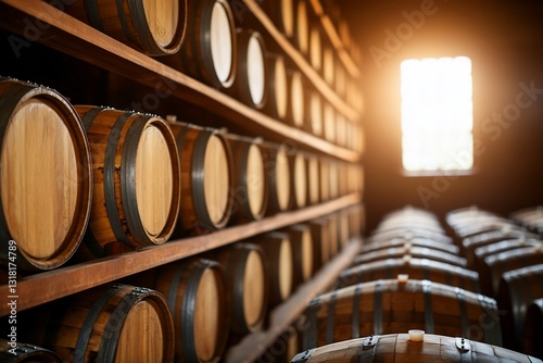 Wooden barrels aging alcohol in a dark cellar with light. Used for advertising