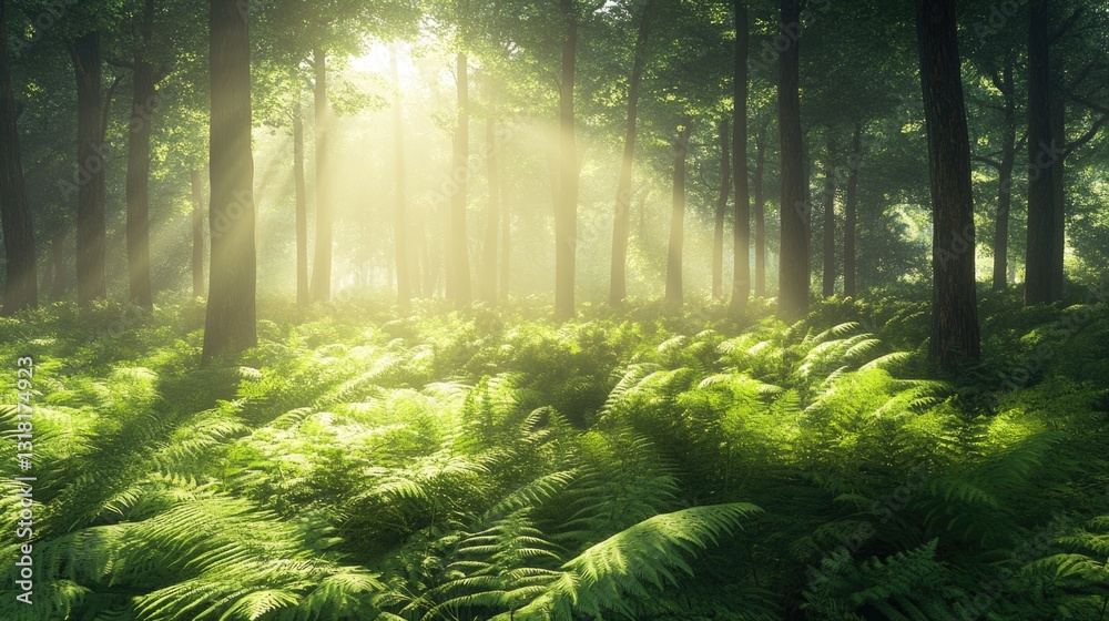 Obraz premium Sunlight streaming through the trees in a lush green forest