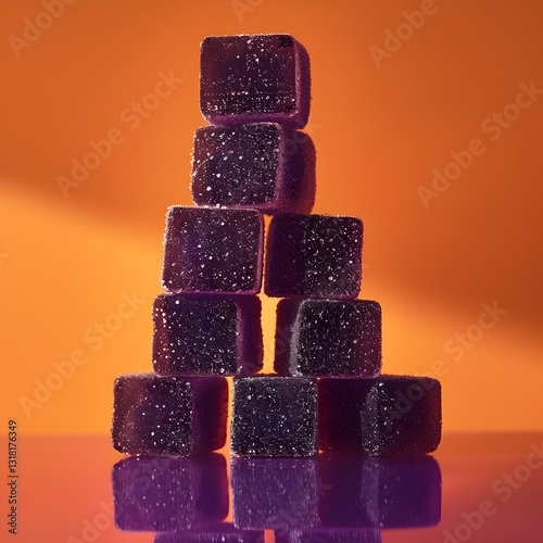 Vibrant Frosted Purple Gummies Arranged Vertically Against a Burnt Orange Gradient Background with Reflective Surface