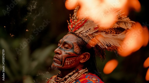 Fototapeta Naklejka Na Ścianę i Meble -  Shamanic Fire Ritual  Amazonian Tribal Ceremony  Jungle Setting
