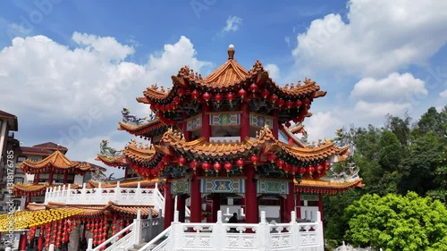 Aerial view of Thean Hou Temple in Kuala Lumpur. Traditional Chinese roof and lanterns.