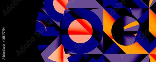 Abstract geometric composition with interlocking circular and angular shapes, featuring smooth gradients and sharp contrasts on a white background