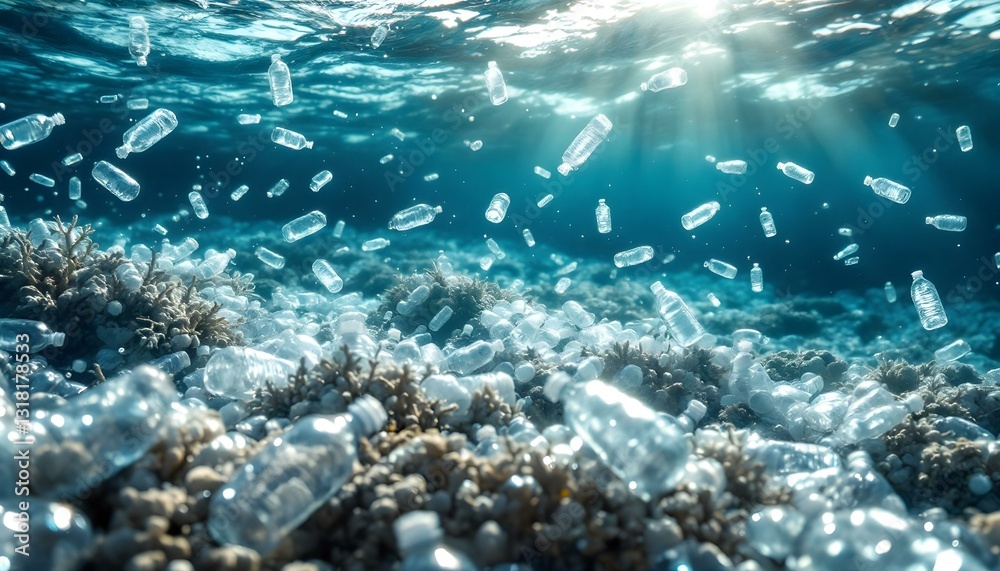 Fototapeta premium Plastic debris floating in the ocean, highlighting the urgent issue of pollution on World Environment Day