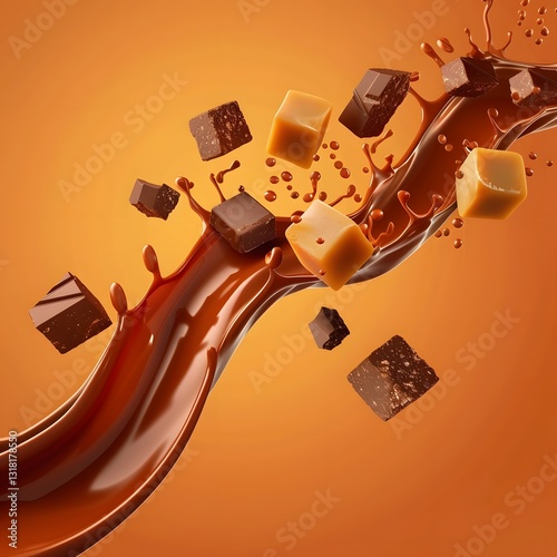 Glossy Chocolate Wave with Scattered Caramel and Dark Chocolate Pieces for Premium Protein Bar Packaging