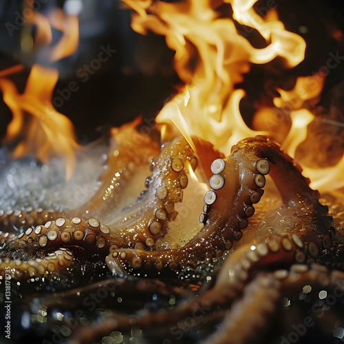 Captivating Squid Tentacles Twisting Over Flames in Culinary Masterpiece