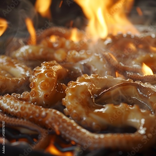 Mesmerizing Squid Tentacles Twisting Over Fiery Flames