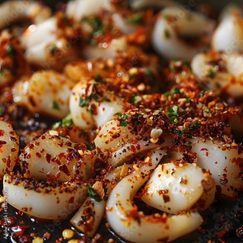 Macro Closeup of Spicy Chili Flakes and Minced Garlic Spread Over Grilled Squid