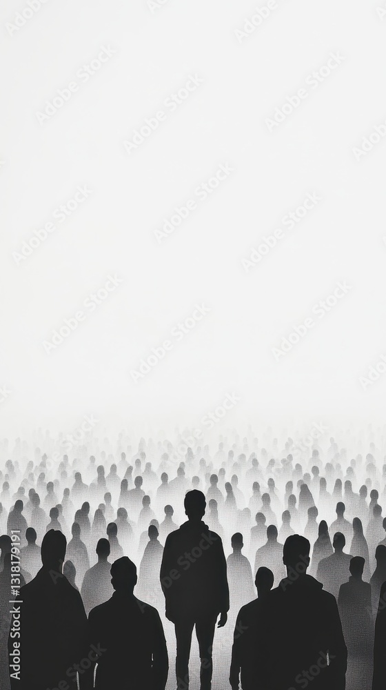 Naklejka premium Colorful silhouette pf person standing in monochrome crowd of different people,surreal unique and different concept,loneliness in society,shadow,freedom,Love,be yourself,Stand out from the crowd.