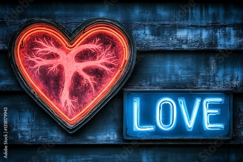 Neon heart, love sign, wood wall