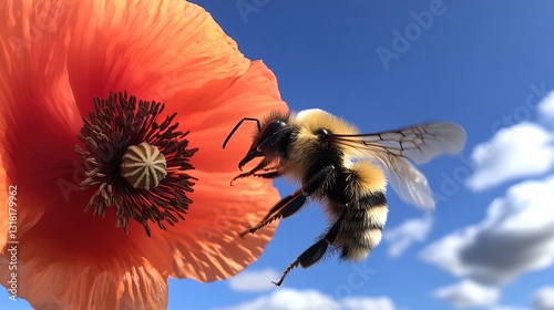 A close-up of a bee delicately landing on a vibrant red corn poppy, collecting nectar, with a clear blue sky as the backdrop and soft, fluffy clouds.