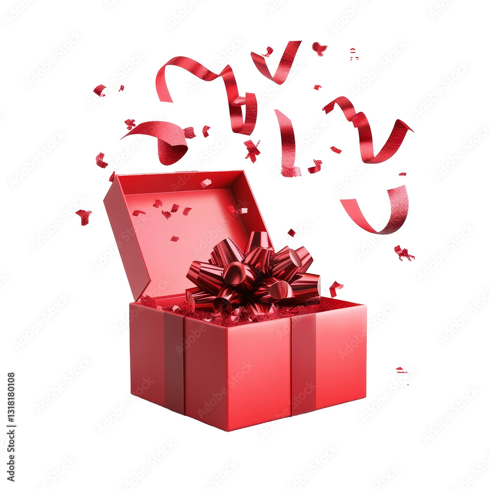 Fototapeta premium Red gift box bursting with ribbons and confetti, ready for a special occasion celebration, Ribbon popping out from red open gift box over transparent background Stock Illustration