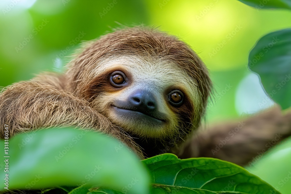 Naklejka premium Adorable baby sloth relaxing in rainforest canopy