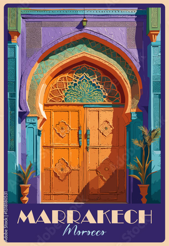 Marrakech, Morocco Travel Destination Poster in retro style. Ancient door digital print. Exotic summer vacation, holidays concept. Vintage vector colorful illustration.