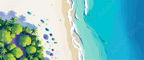Tropical Sea beach aerial view background, landscape with sand beach, sea water edge and palm trees. Colorful vector art illustration, banner, wallpaper.