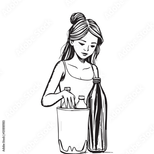 Woman Recycling Plastic Bottles in a Recycling Bin. Vector Art Representing Environmental Responsibility, Waste Management, and Sustainability