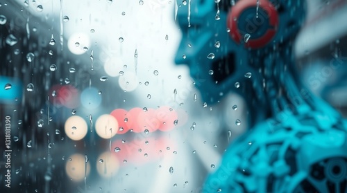 A wet, drizzly scene with futuristic robots in the background.