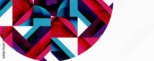 Abstract geometric composition with interlocking circular and angular shapes, featuring smooth gradients and sharp contrasts on a white background