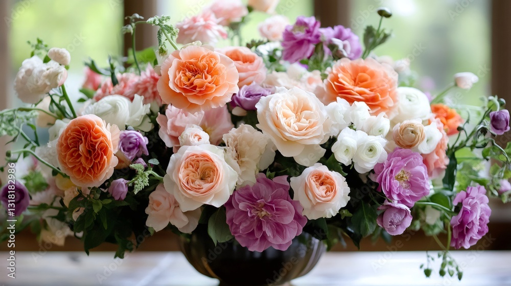 Obraz premium Lush centerpiece overflowing with colorful roses and ranunculus illuminating special occasion