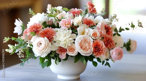 Beautiful centerpiece with roses, dahlias and eucalyptus decorating a table